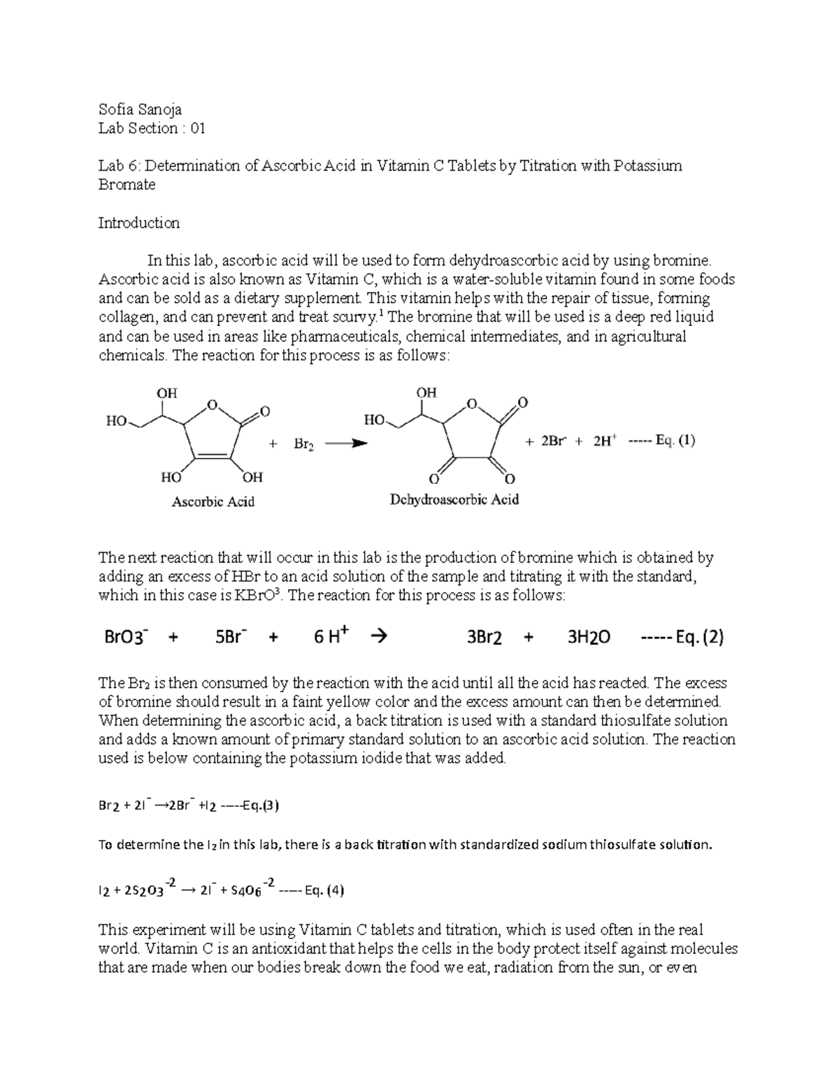 Analytical chem pre lab 6 - Sofia Sanoja Lab Section : 01 Lab 6 ...