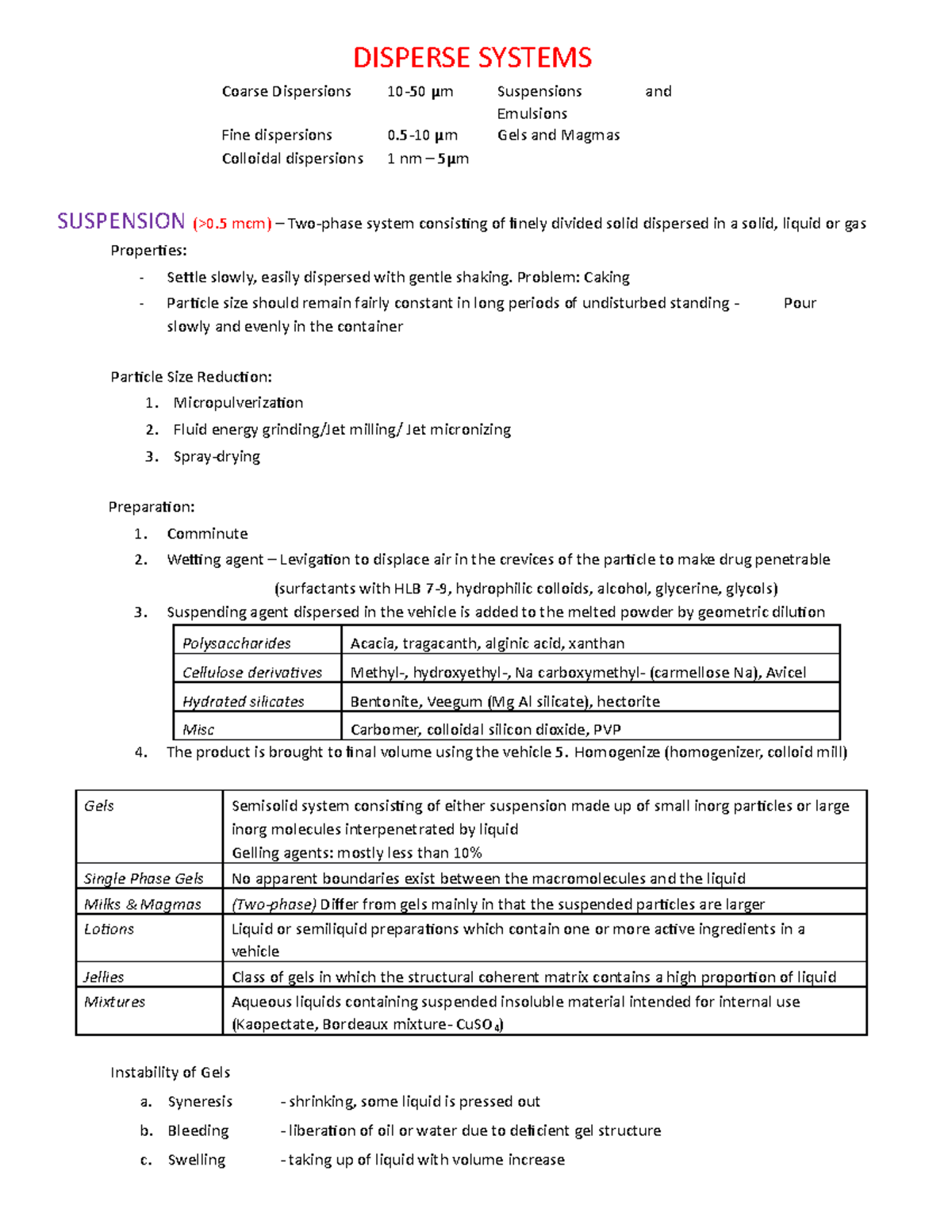 DDS Notes - Disperse Systems - DISPERSE SYSTEMS Coarse Dispersions 10 ...