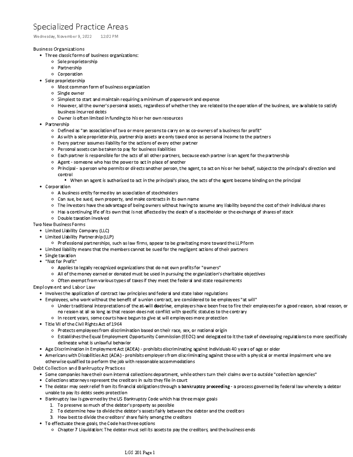 Lgs 201 Specialized Practice Areas A Business Organizations Three