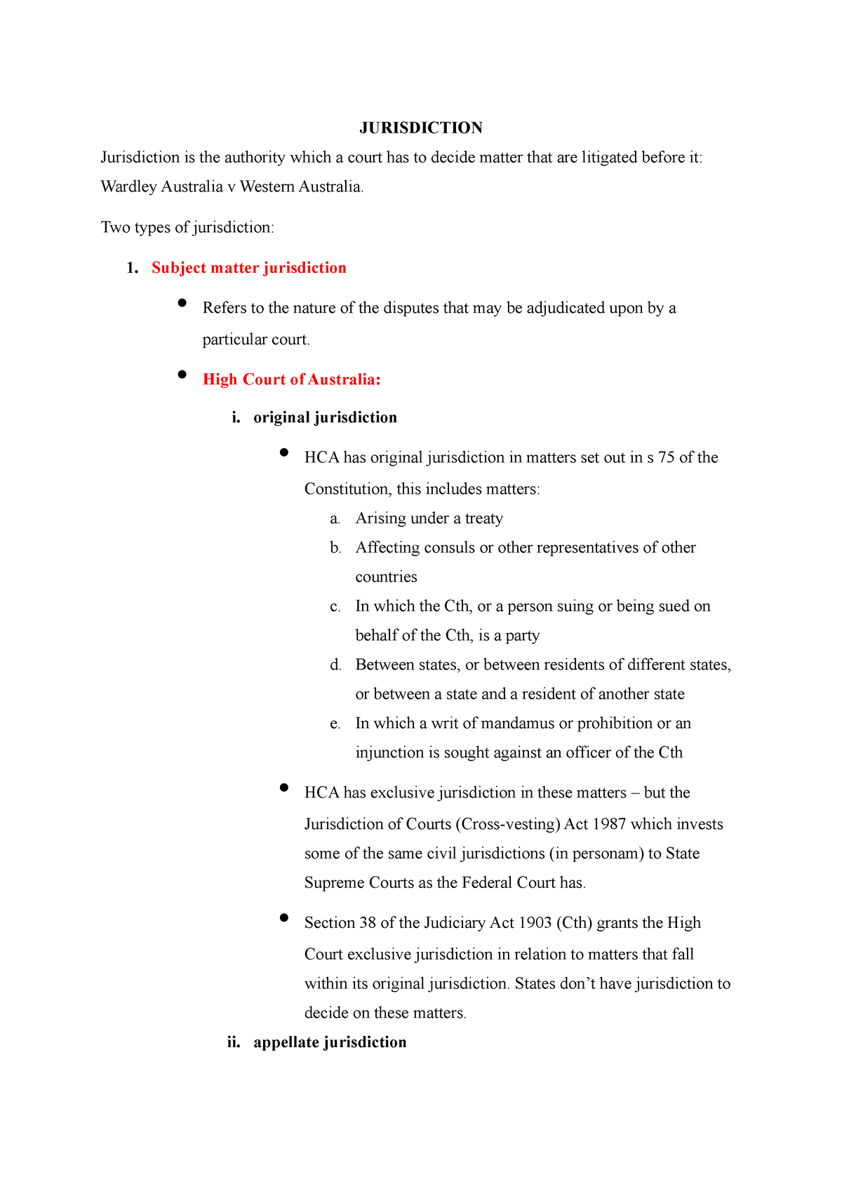 Answer notes - JURISDICTION Jurisdiction is the authority which a court ...