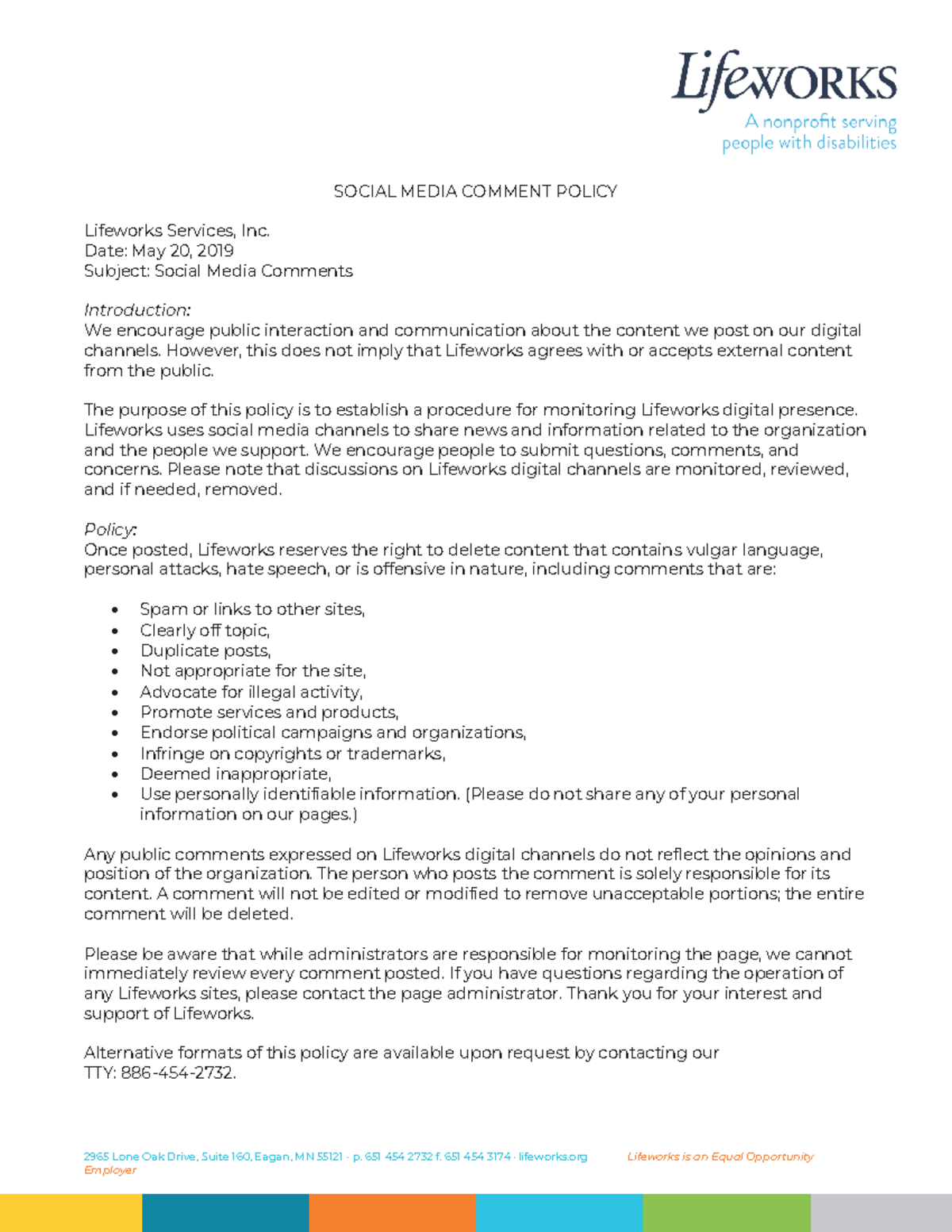 LIfeworks Social Media Comment Policy - 2965 Lone Oak Drive, Suite 160 ...