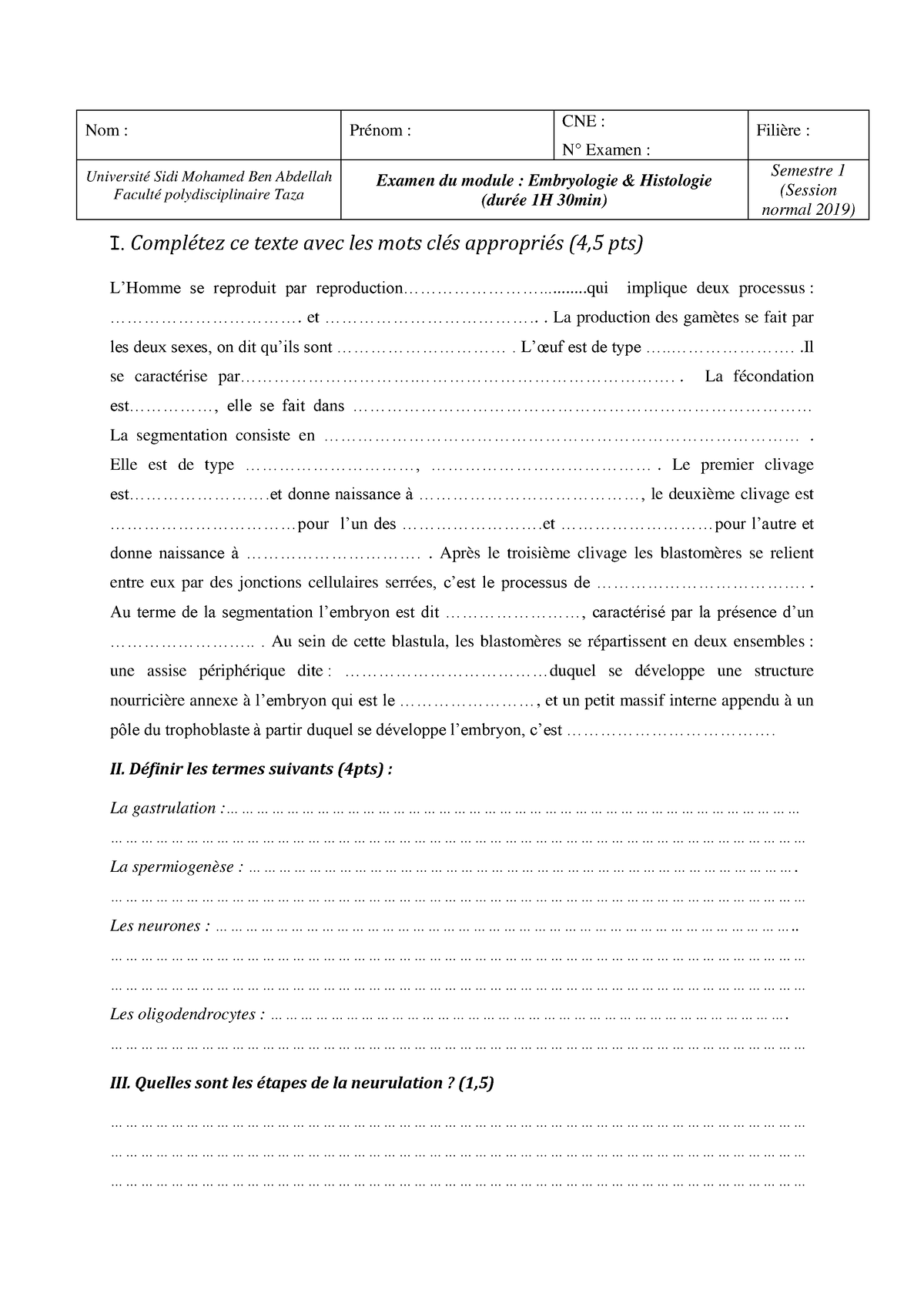 Null-2 - Null-2 - Nom : Prénom : CNE : N° Examen : Filière : Université ...