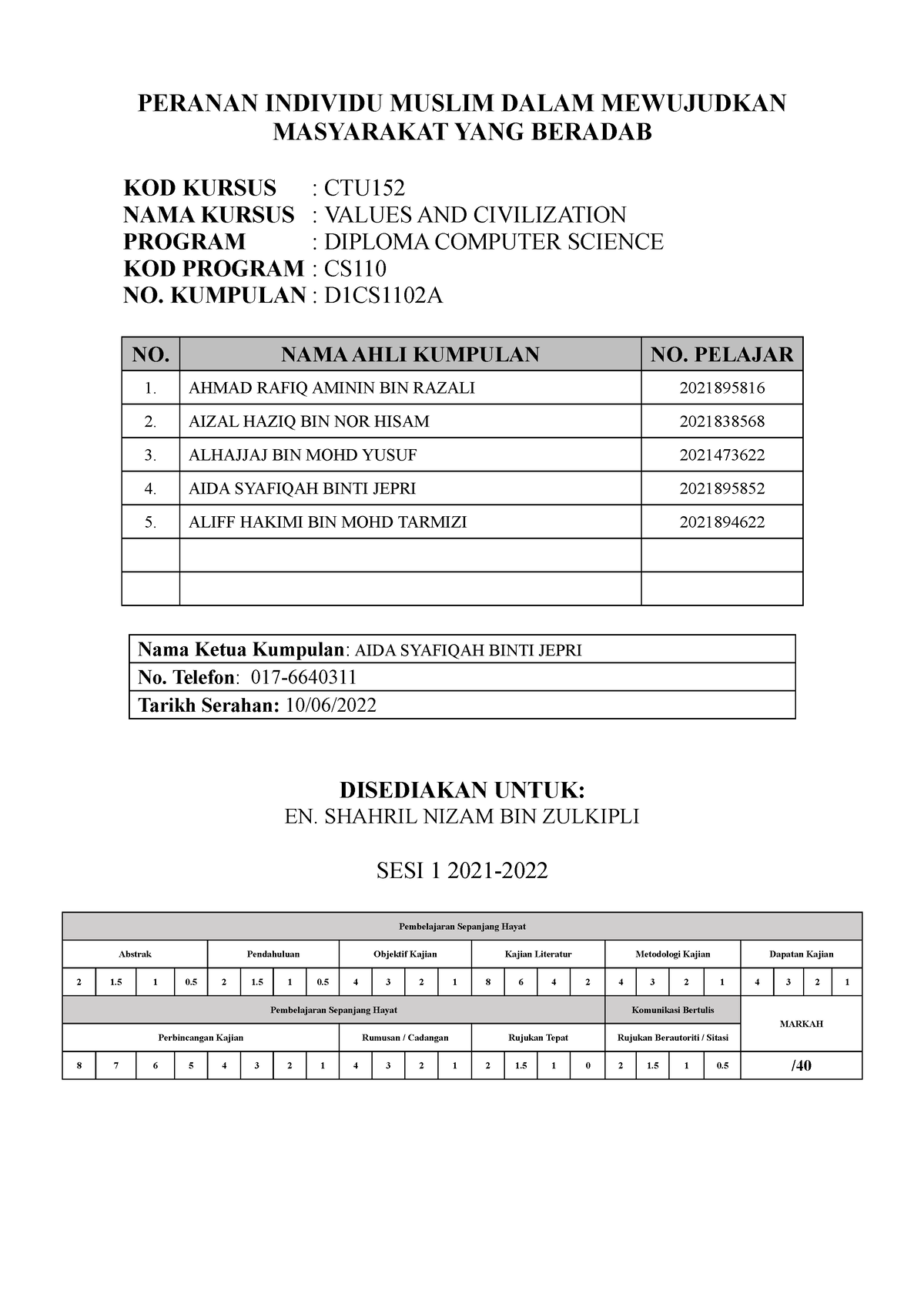 Contoh Latest Template Kertas Kerja And Muka Hadapan Utk Kod Part 1 And 3 Peranan Individu Muslim 