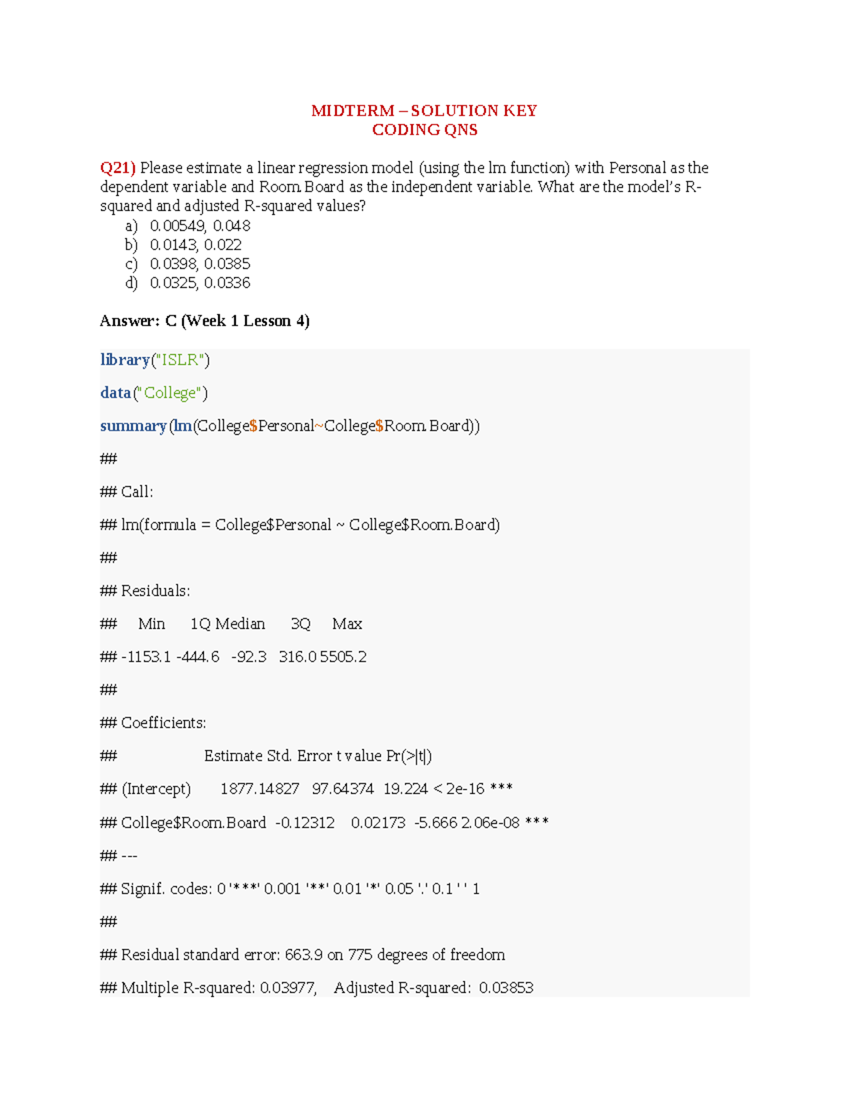 Midterm Solution Key Coding Questions - Studocu