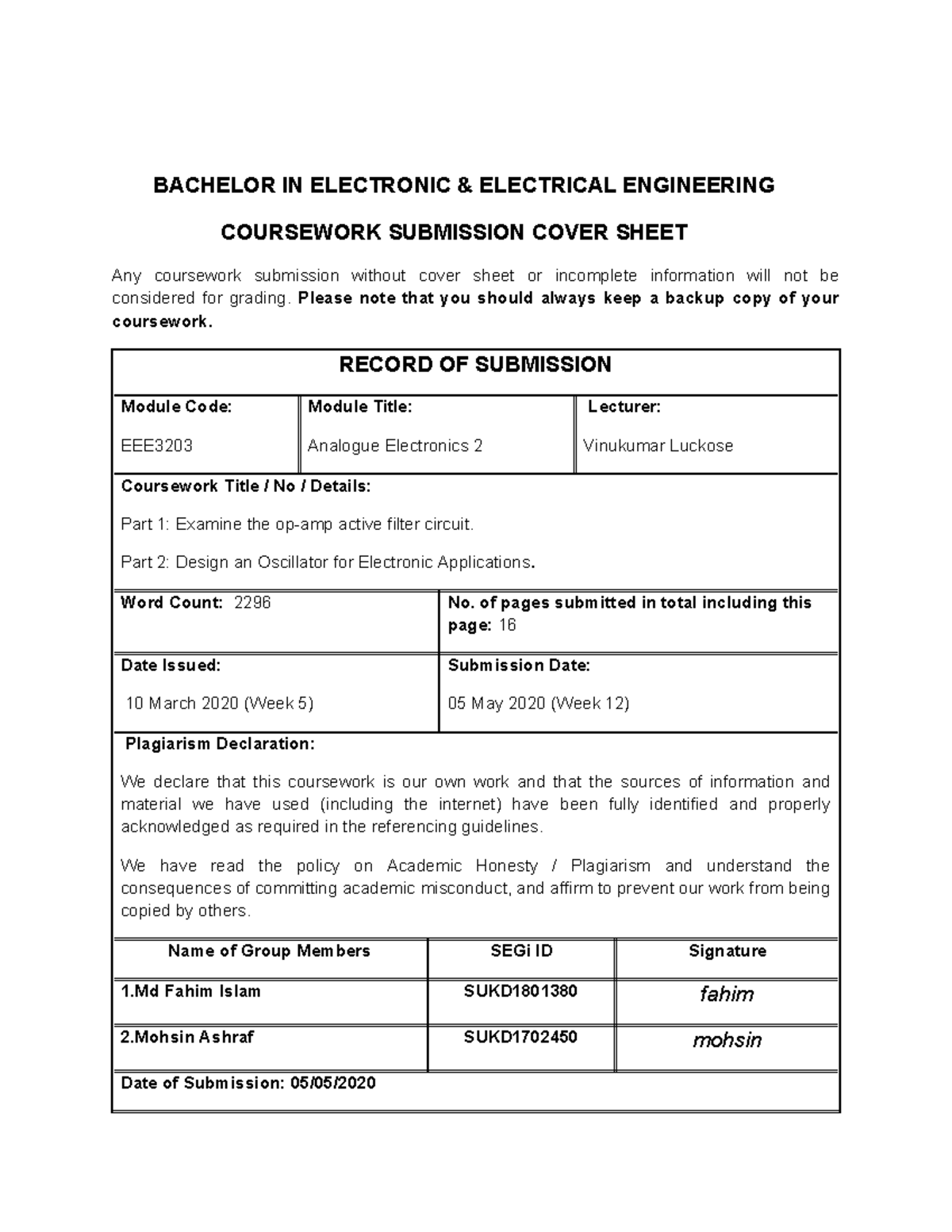 Analouge 2 Assignment - BACHELOR IN ELECTRONIC & ELECTRICAL ENGINEERING ...