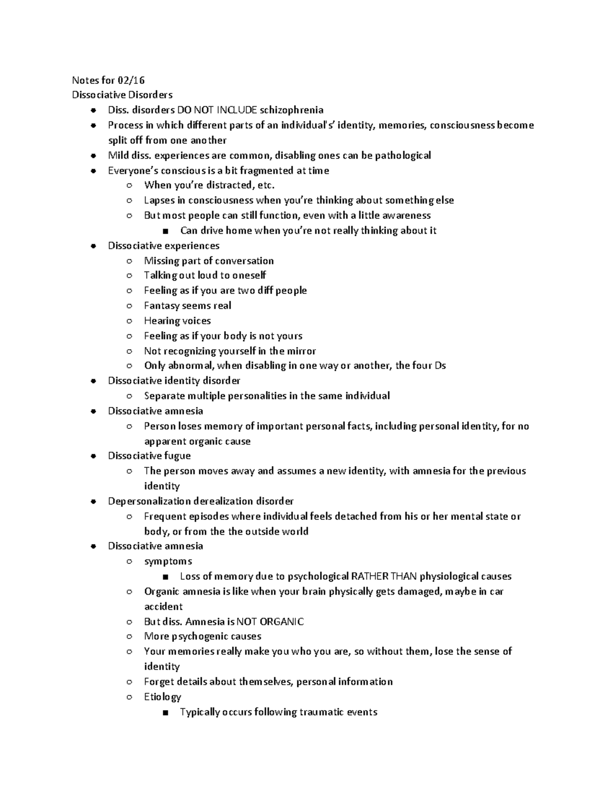 PSYC 2230 Spring 2017 - 2/16 Dissociative Disorders - Notes for 02/16 ...