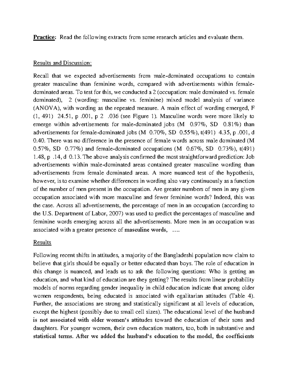 Practice results and discussion - Practice: Read the following extracts ...