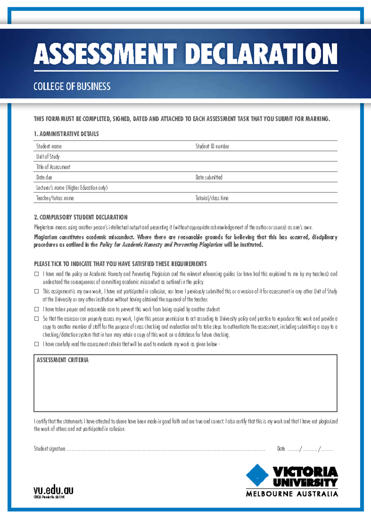 VU Assessment Declaration Form Template - THIS FORM MUST BE COMPLETED ...