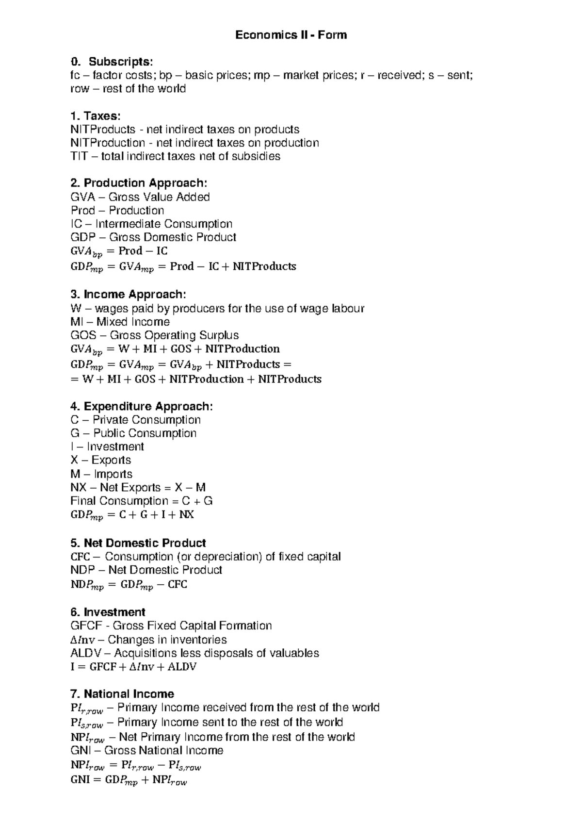 Economics II - Form - Economics II - Form Subscripts: fc – factor costs ...