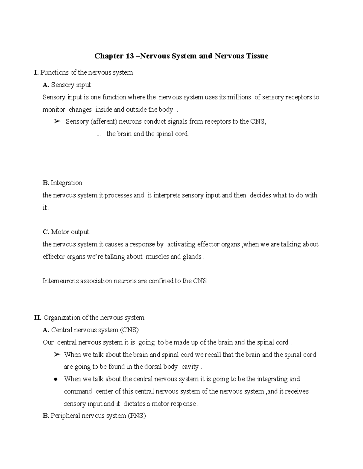 Chapter 13 Notes - Chapter 13 –Nervous System And Nervous Tissue I ...