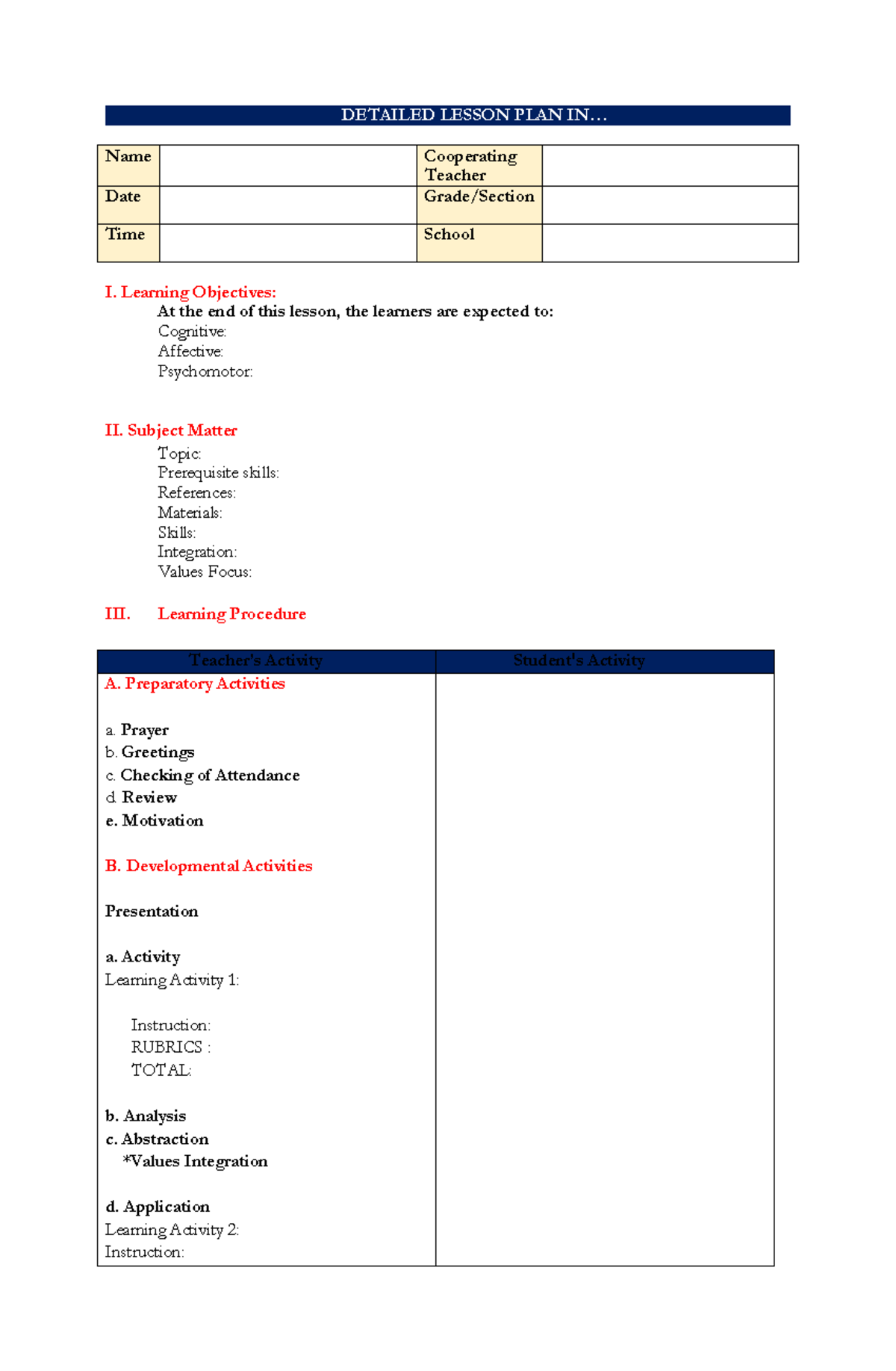 Lesson PLAN - none - DETAILED LESSON PLAN IN... Name Cooperating ...