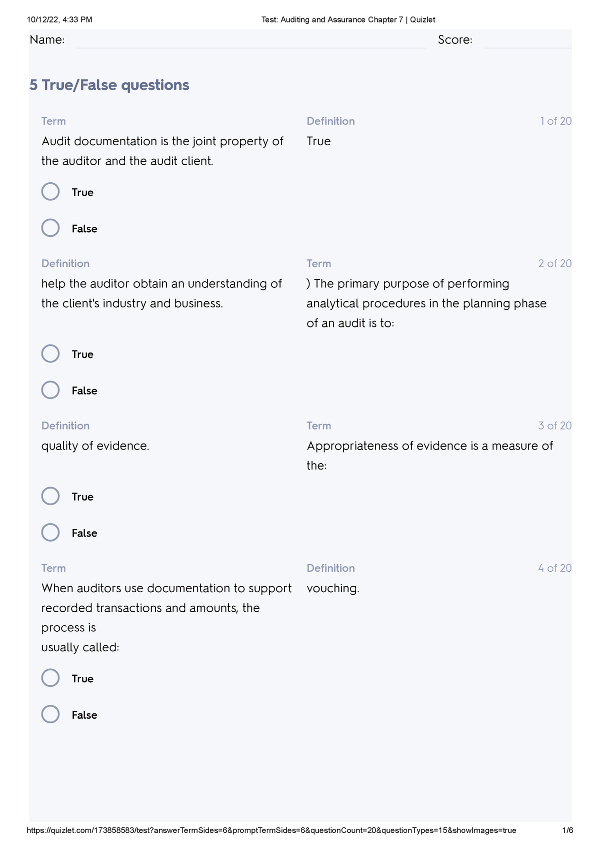 Test Auditing And Assurance Chapter 7 Quizlet 4 - Name: Score: 5 True ...