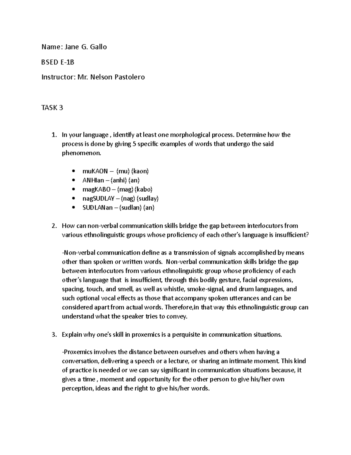 EL 101 TASK 3 - EL 101 - Name: Jane G. Gallo BSED E-1B Instructor: Mr ...