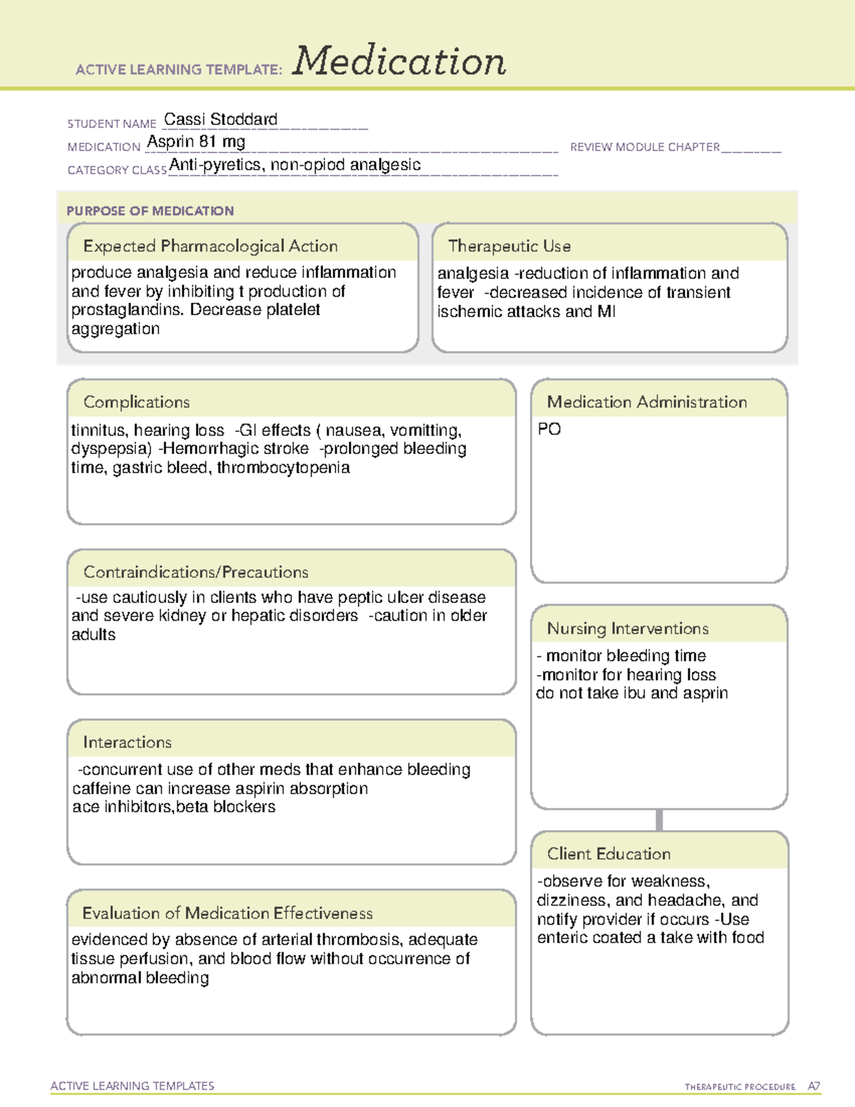 Aspirin 81 mg .ATI med template ACTIVE LEARNING TEMPLATES