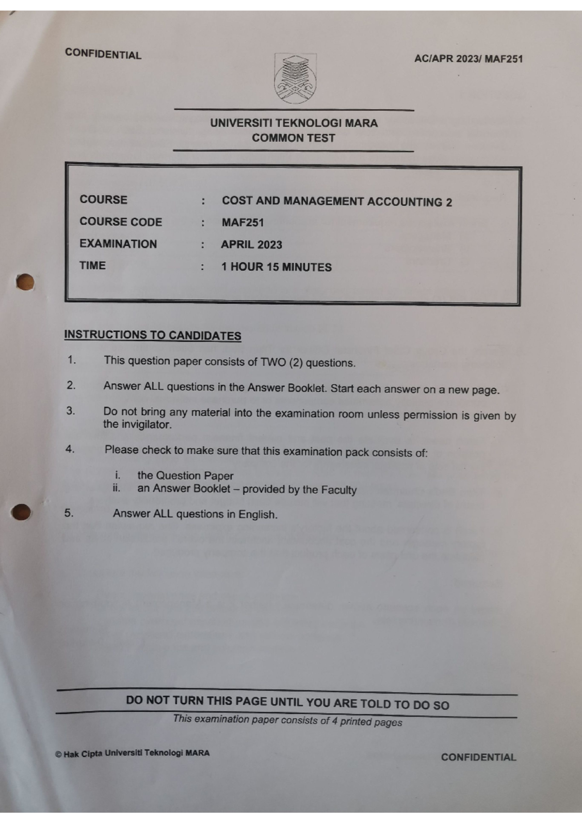 CT MAF251 April 2023 Q - Cost and Management Accounting I - Studocu