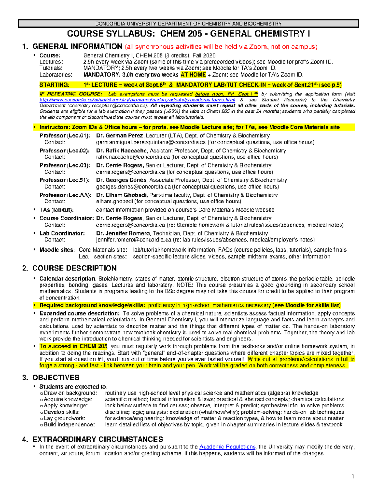 Syllabus - COURSE SYLLABUS: CHEM 205 - GENERAL CHEMISTRY I 1. GENERAL ...