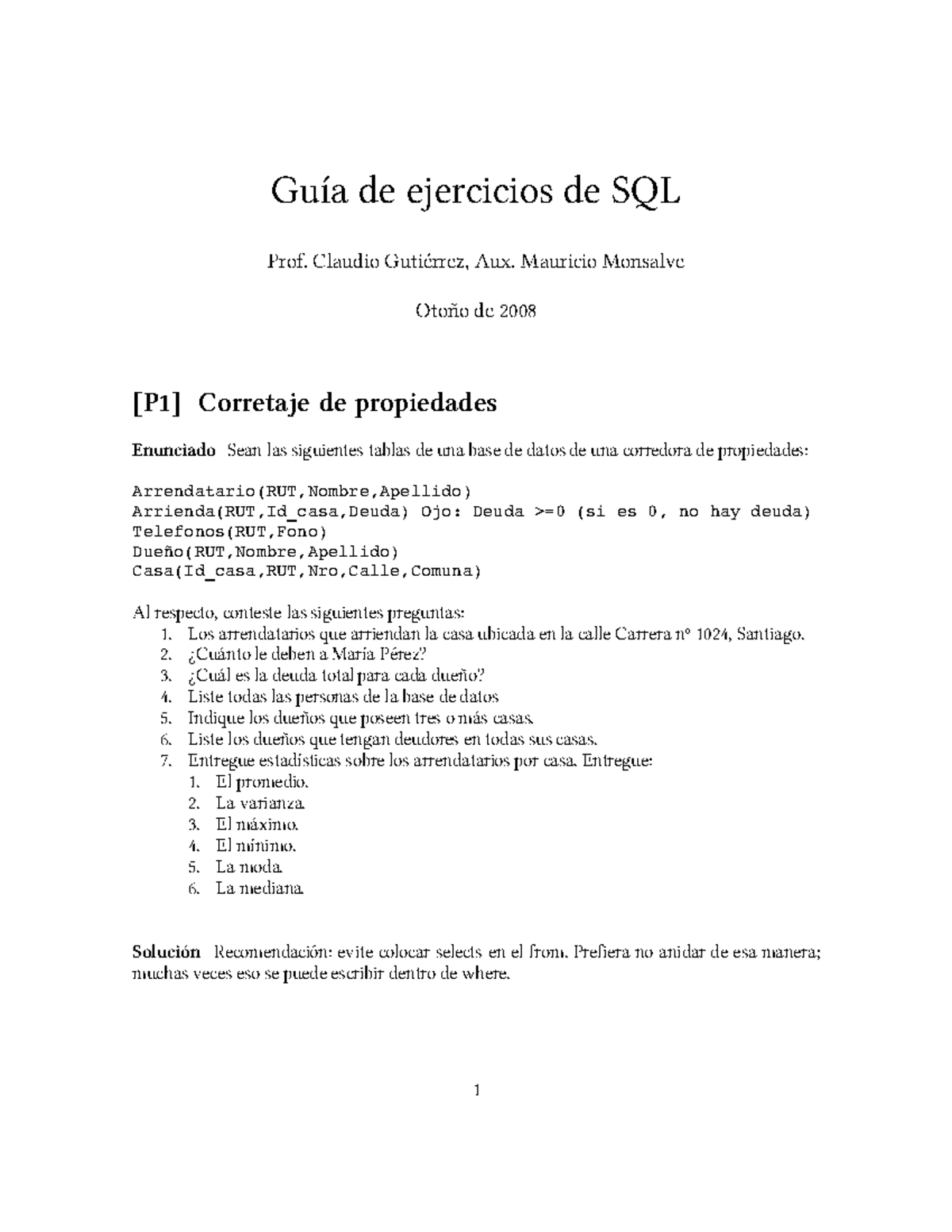 Guia SQL - Información - Guía de ejercicios de SQL Prof. Claudio ...