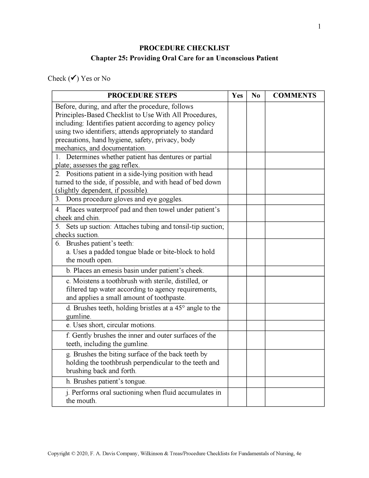 Providing Oral Care for the Unconscious Patient - 1 PROCEDURE CHECKLIST ...