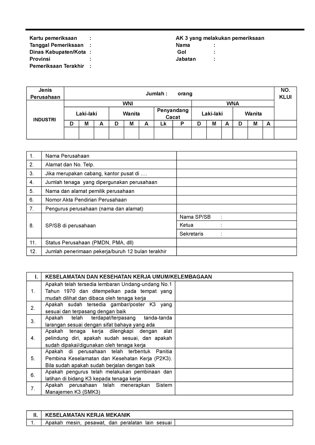 Checklist Pemeriksaan PKL AK3U - Kartu Pemeriksaan : Tanggal ...