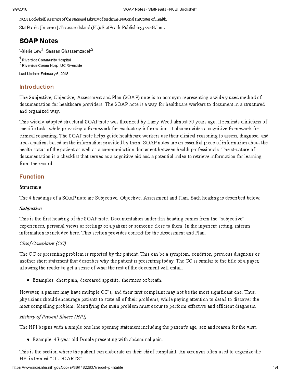 SOAP Notes Stat Pearls NCBI Bookshelf NCBI Bookshelf. A service