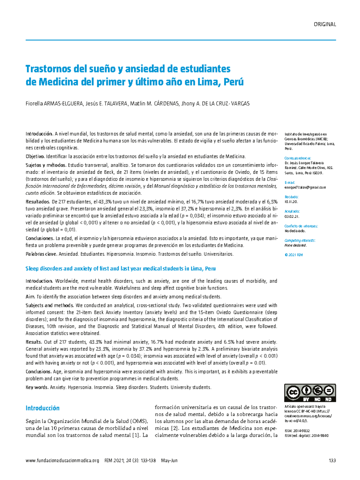 Trastornos del Sueño y Ansiedad en estudiantes de Medicina de primer y ...