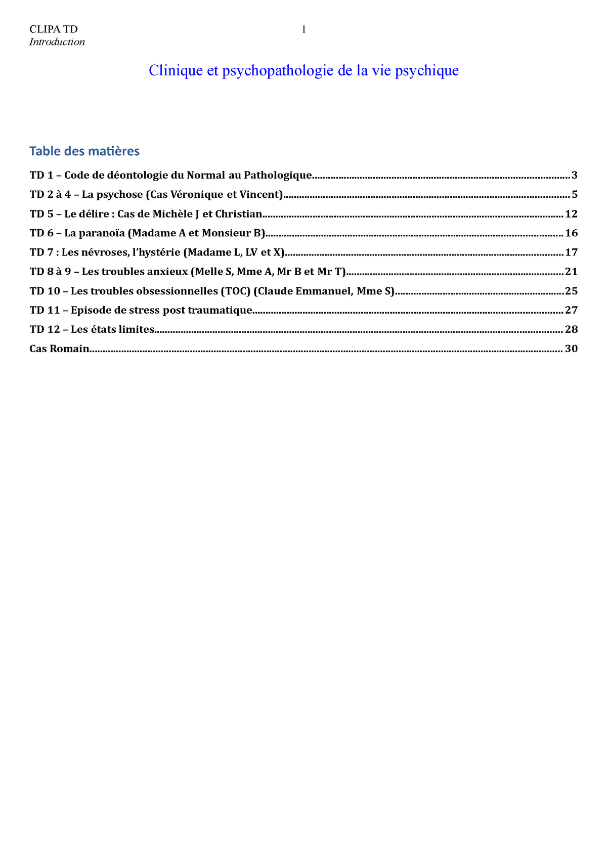 Psychologie Clinique Psychopathologie Clipa Td Introductio 1 Clinique Et Psychopathologie De 0336