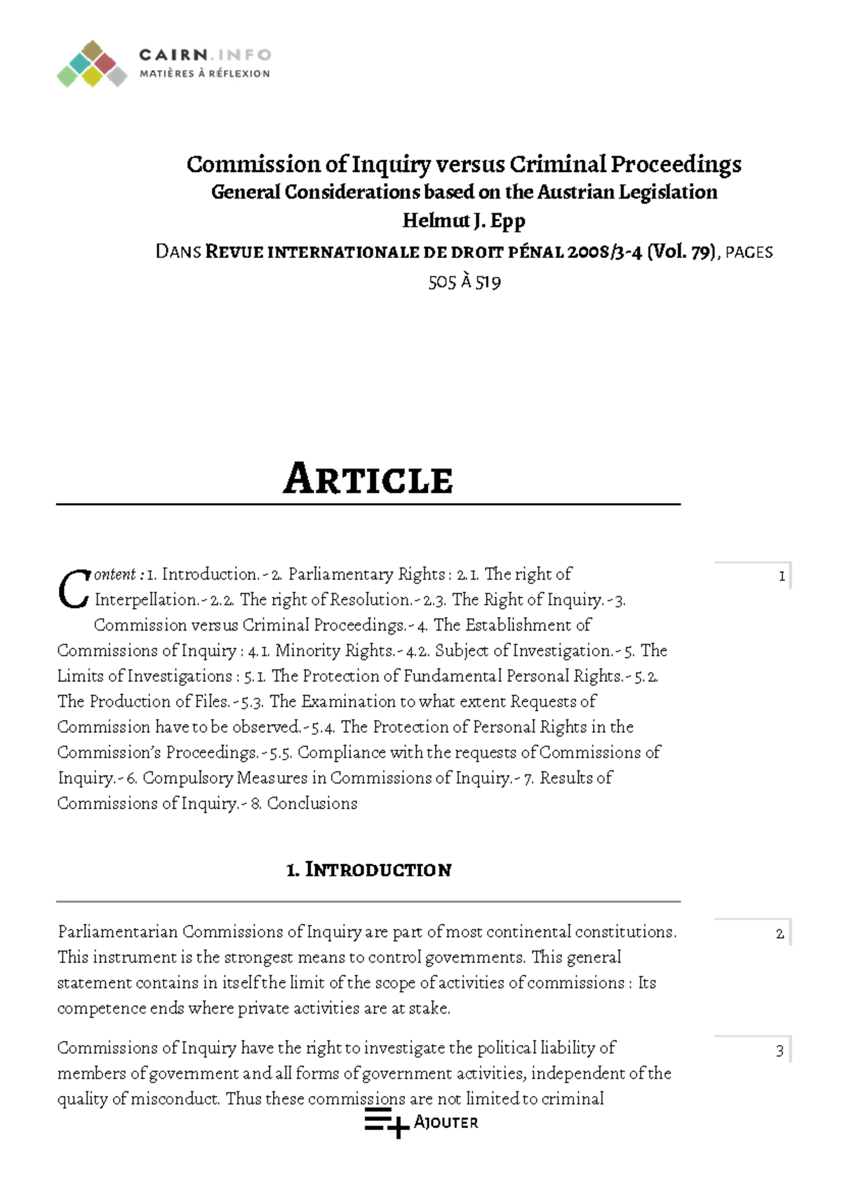 Commission of Inquiry versus Criminal Proceedings Cairn - Commission of ...