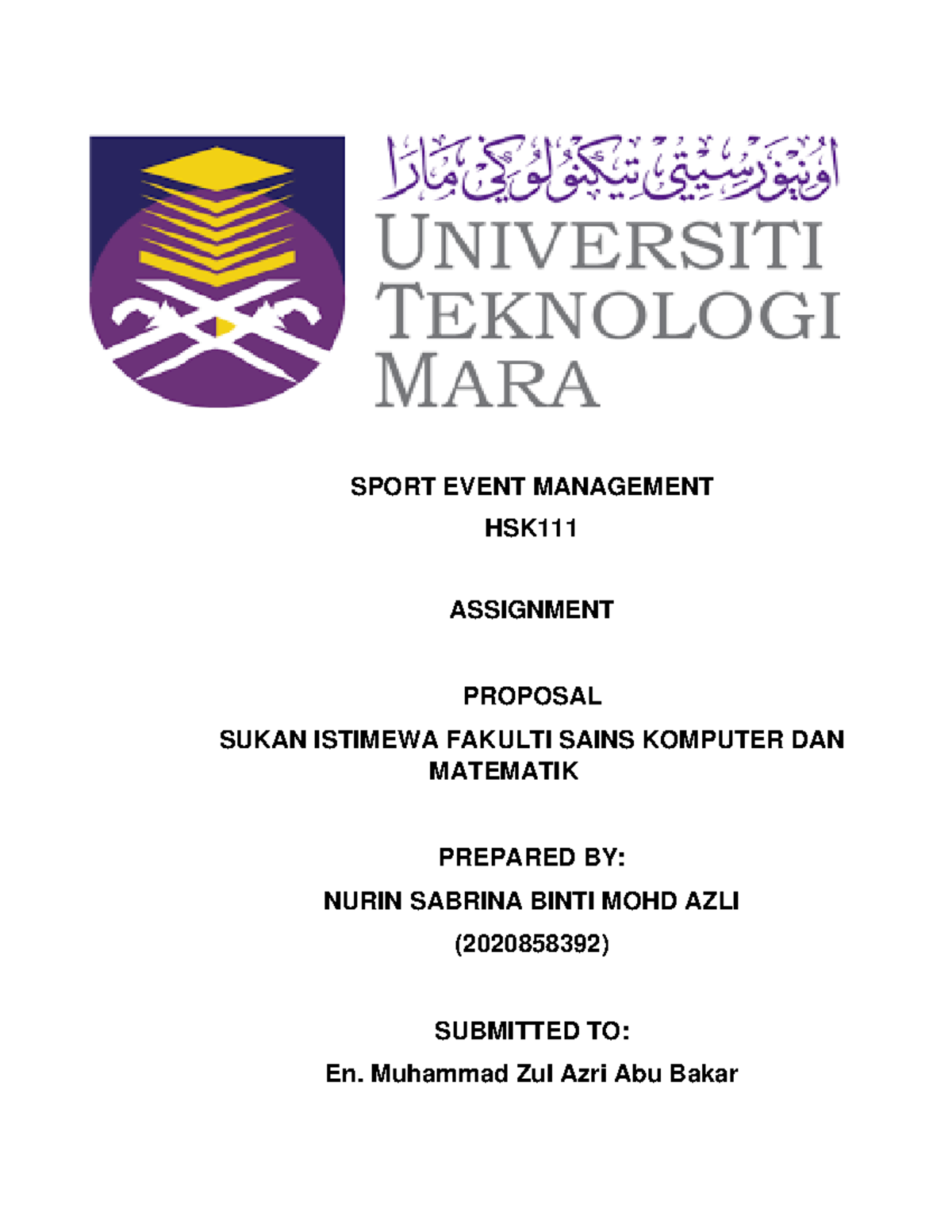 HSK111 Proposal Sukan SPORT EVENT MANAGEMENT HSK ASSIGNMENT