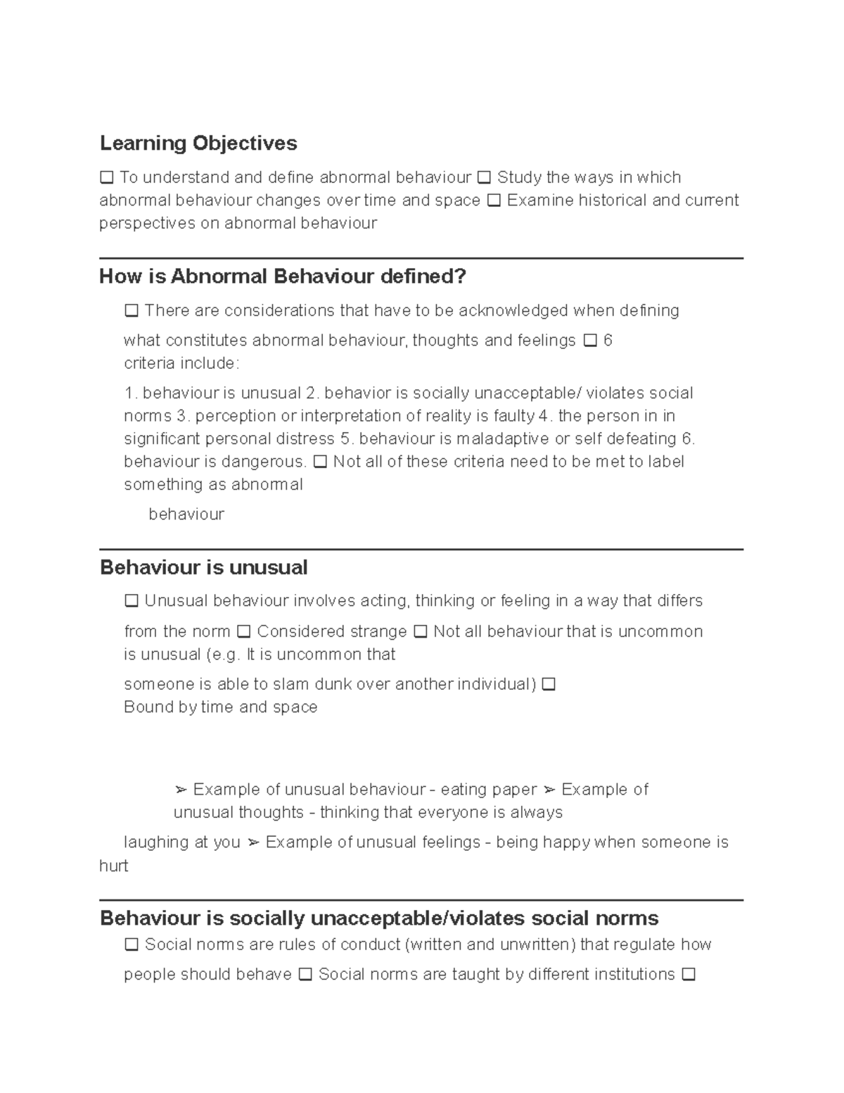 Chapter 1 part 1 - Notes for abnormal psych - Learning Objectives To ...