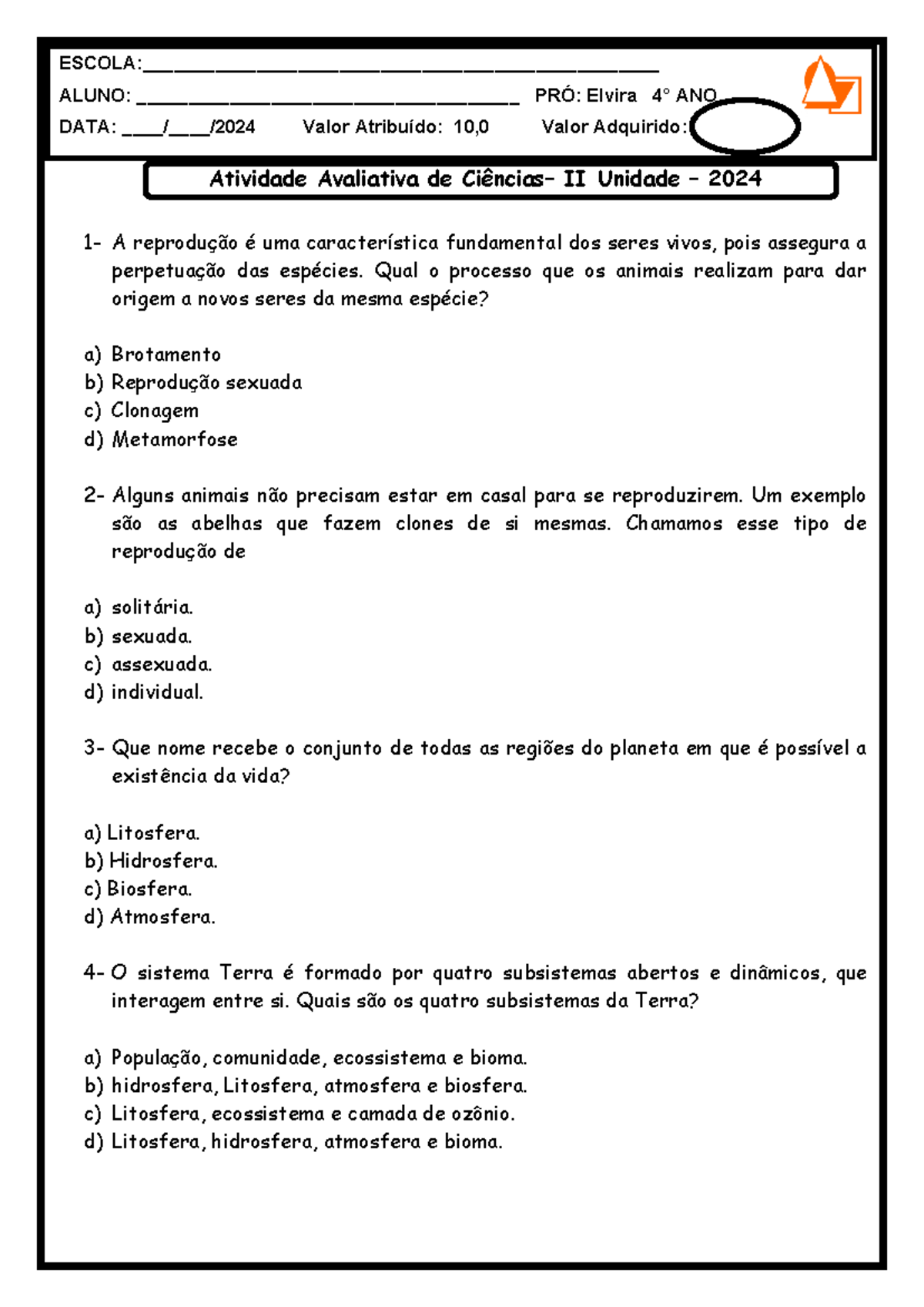 Prova ciencias 4 ANO - Atividade Avaliativa de Ciências– II Unidade ...