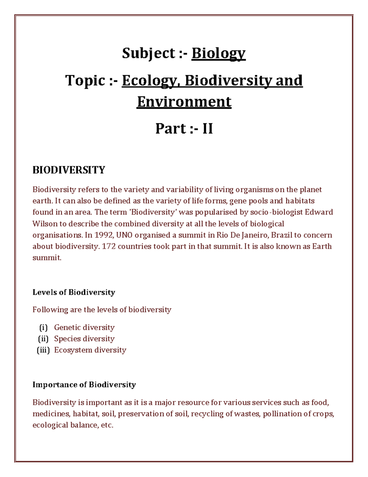 Ecology Biodiversity And Environment Part Class Notes Subject