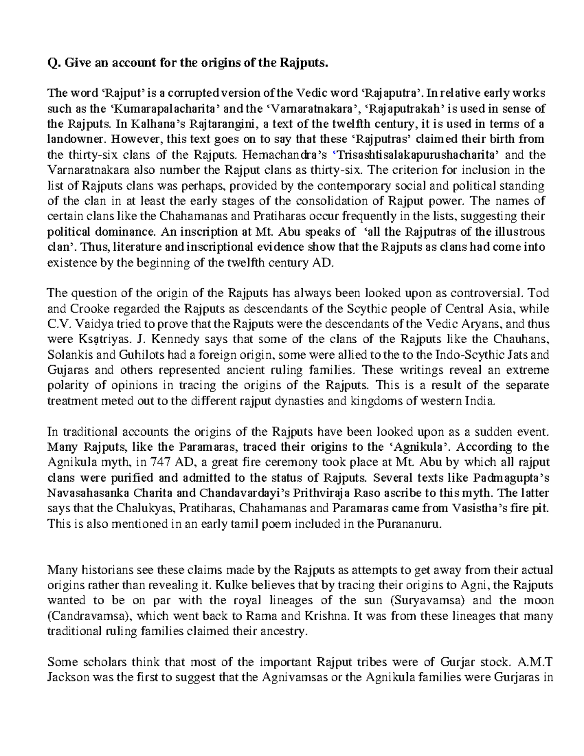 Origin of rajputs - Q. Give an account for the origins of the Rajputs ...
