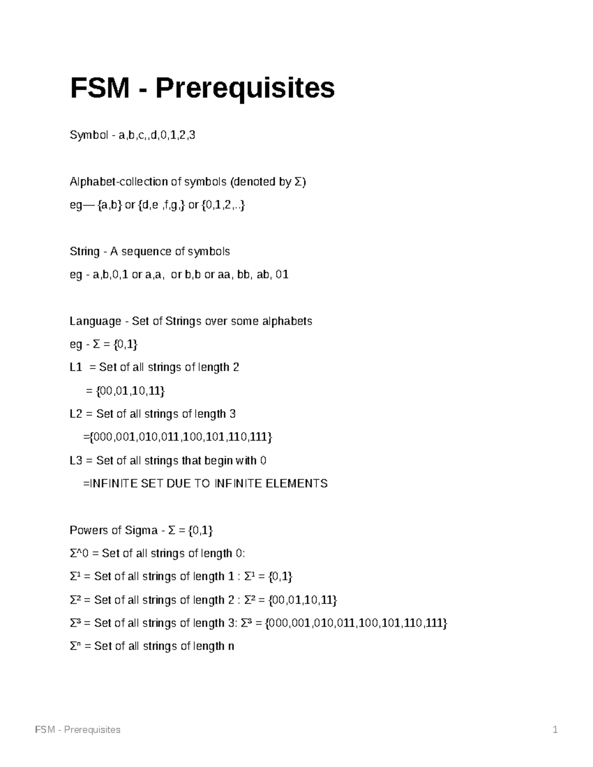 FSM-Prerequisites - Lecture notes 1-2 - FSM - Prerequisites 1 FSM ...