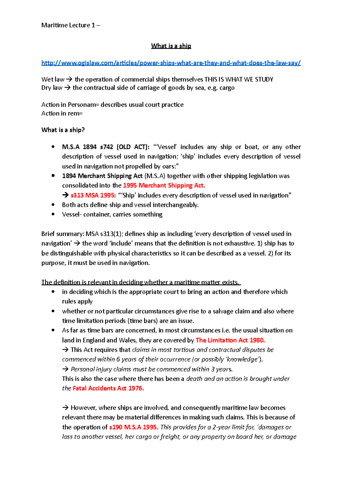 Maritime Law Lecture 1 What is a ship Studocu