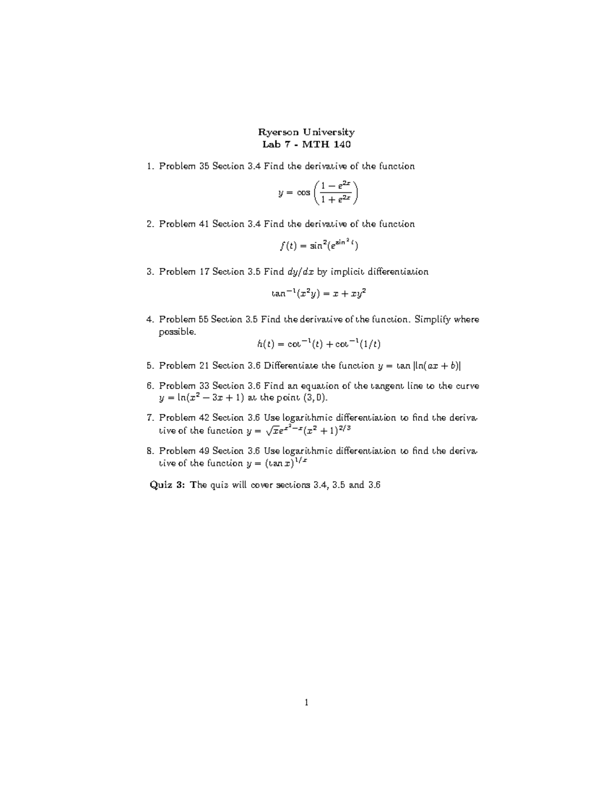 Calculus I - Assignments - MTH - 140 - Lab7 - Ryerson University Lab 7 ...