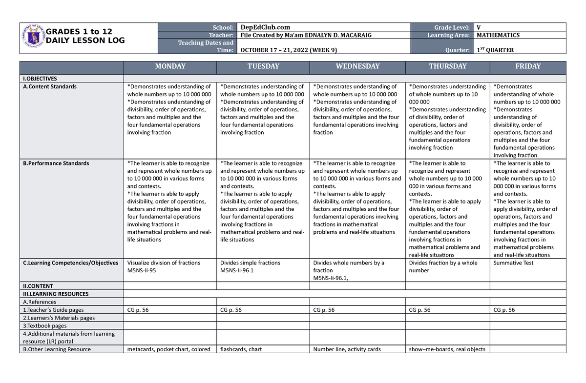 DLL Mathematics 5 Q1 W9 - dll - GRADES 1 to 12 DAILY LESSON LOG School ...