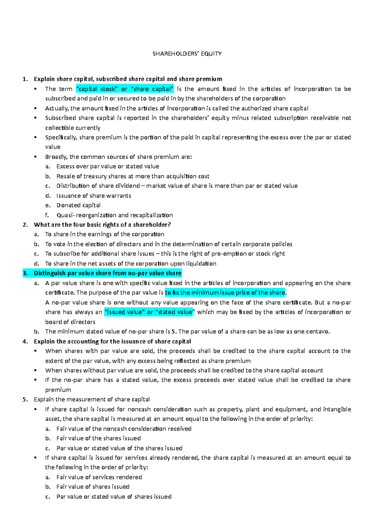 Shareholder's Equity Accounting Sumaries and Notes - SHAREHOLDERS ...