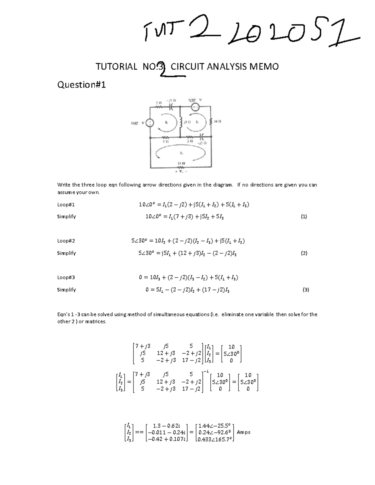 TUT 2 Engineering II Memorundum-Circuit Analysis & AC Power 2020S1 ...