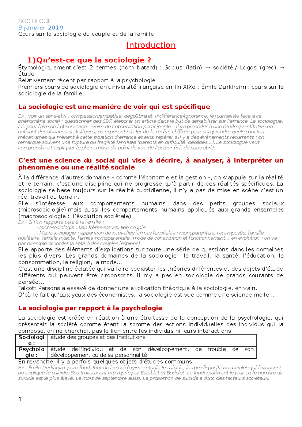 Cours sociologie - 9 janvier 2019 Cours sur la sociologie du couple et ...
