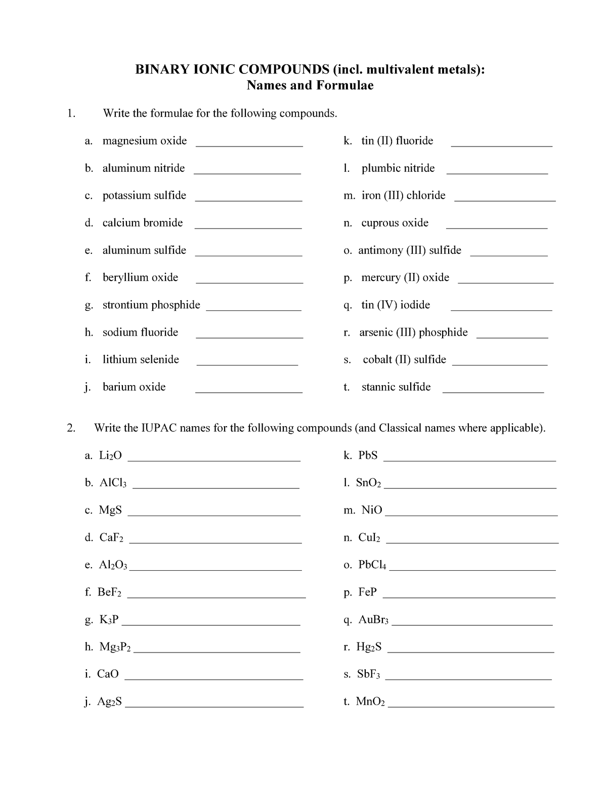 Nomenclature Practice Worksheets - BINARY IONIC COMPOUNDS (incl ...