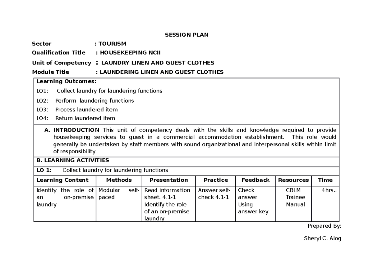 UC 4 Laundry linens housekeeping session plan trainers guide SESSION PLAN Sector TOURISM