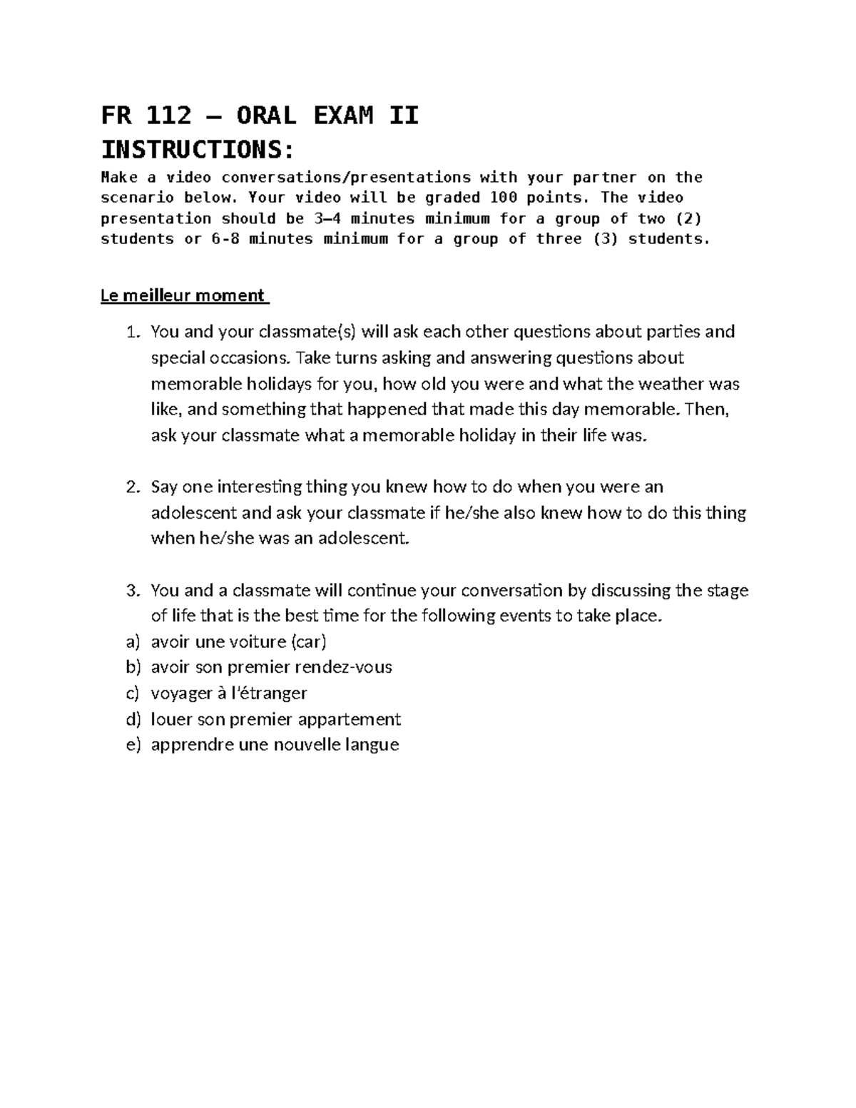 FR 112-Oral Exam II - FR 112 – ORAL EXAM II INSTRUCTIONS: Make a video ...
