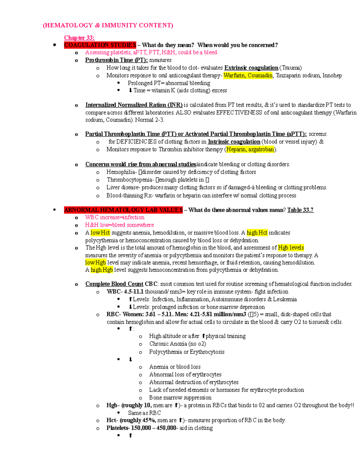 EXAM #2 Concepts TO KNOW - (HEMATOLOGY & IMMUNITY CONTENT) Chapter 33 ...