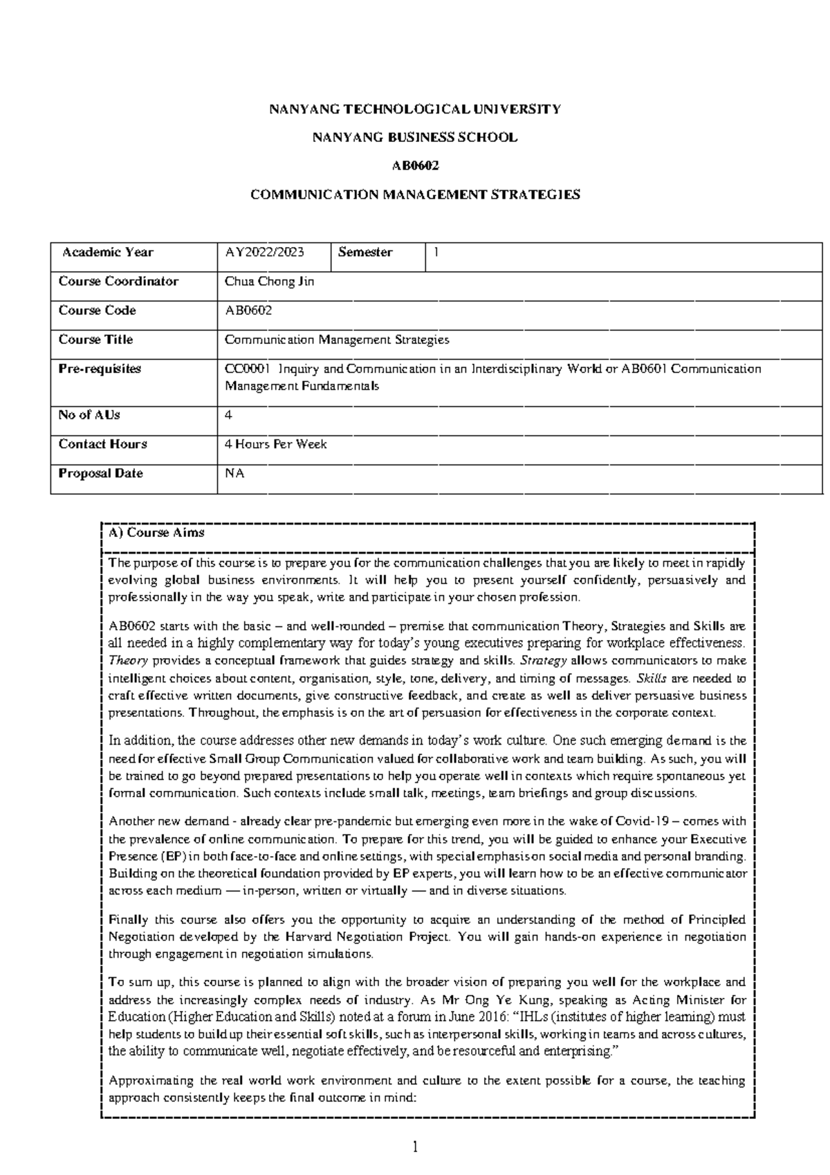 Ab0602 Course Outline Nanyang Technological University Nanyang Business School Ab 6546