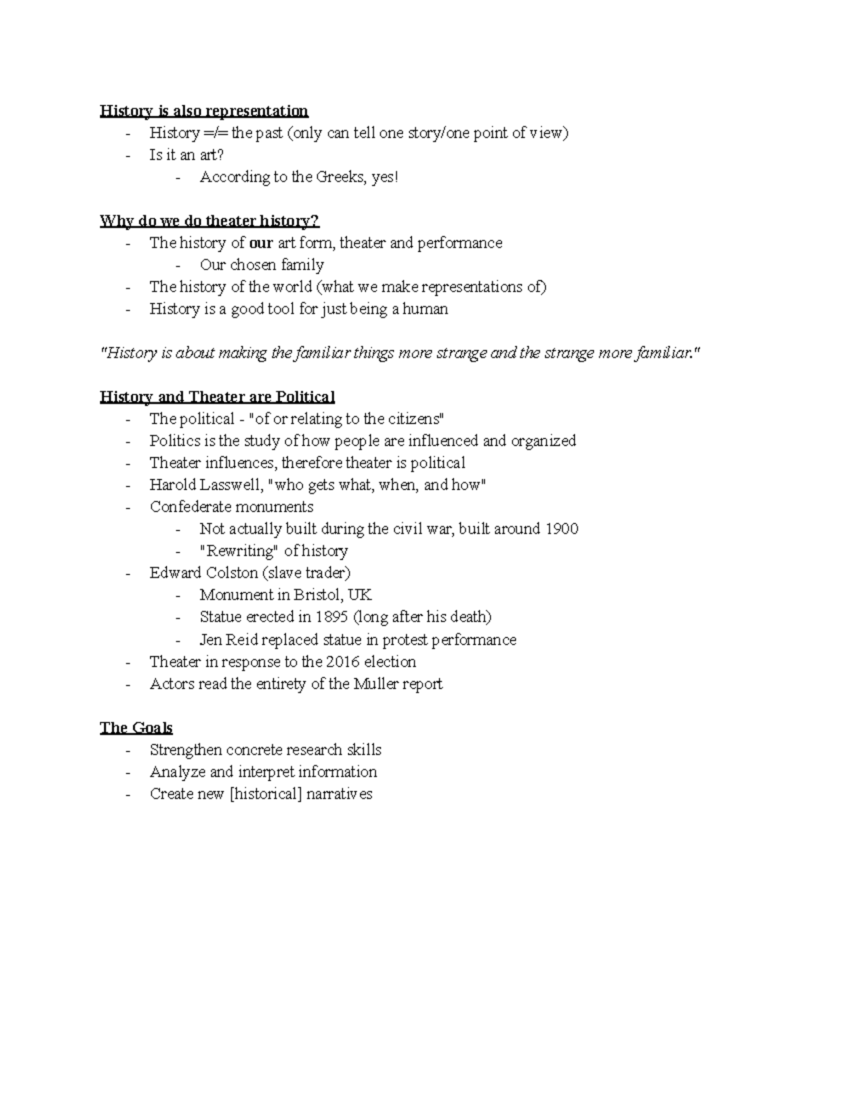 Lecture notes 9/23/21 - History is also representation - History ...