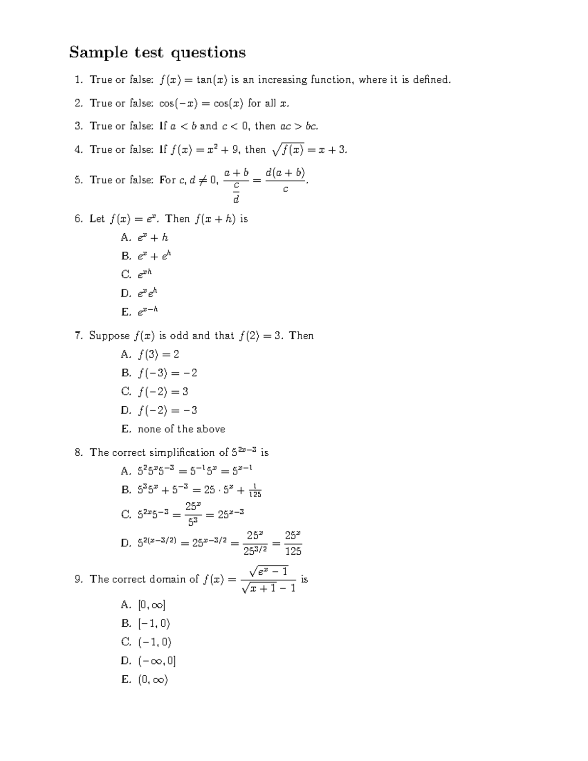 Sample Test Qs - assignment - Sample test questions True or false: f (x ...