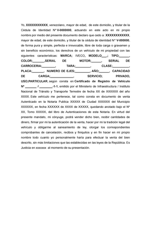 Modelo de Documento para Traspaso de Vehiculo - Yo, XXXXXXXXXXX ,  venezolano, mayor de edad, de este - Studocu