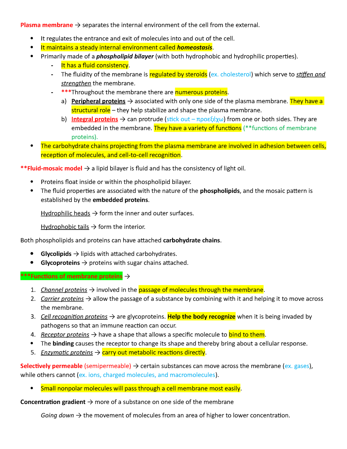 Chapter 4 - Membrane Structure and Function - Done - Plasma membrane → ...