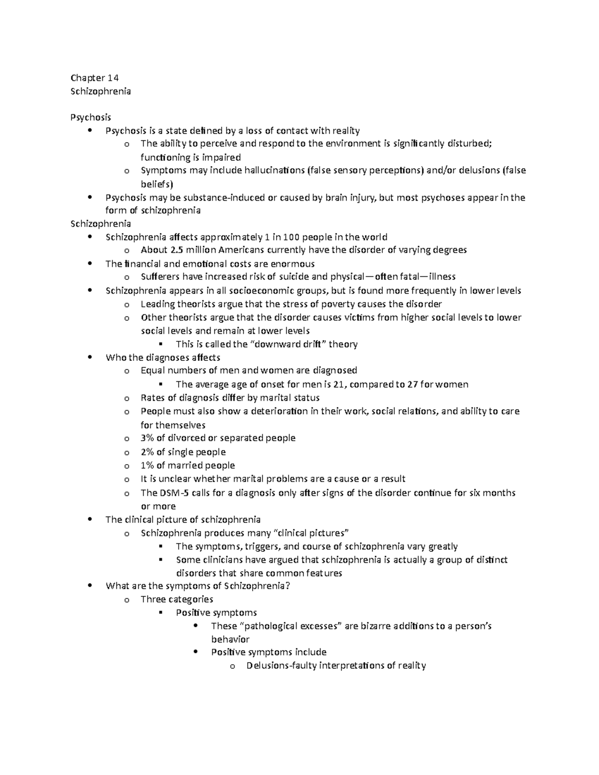 Abnormal Psychology notes 3 - Chapter 14 Schizophrenia Psychosis ...