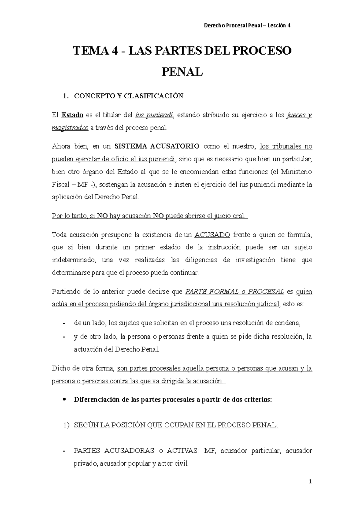 LecciÓn 4 - Apuntes 4 - Derecho Procesal Penal 4 TEMA 4 LAS PARTES DEL ...